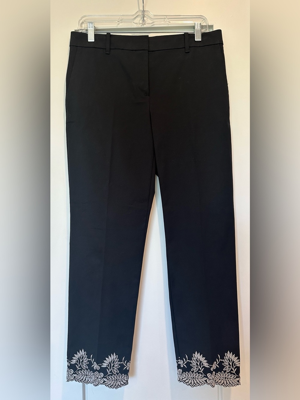 Ann Taylor “The Ankle” Black Pants with White Embroidered Hem